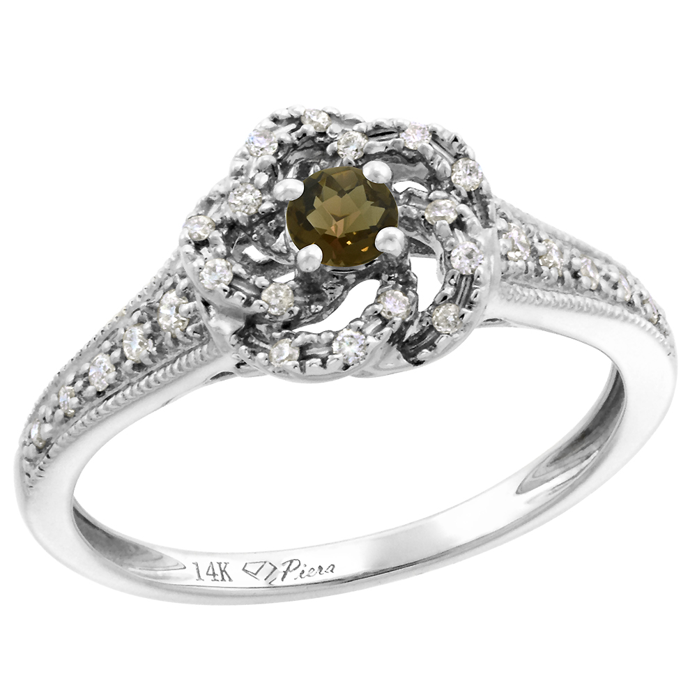 14k White Gold Diamond Genuine Smoky Topaz Swirl Engagement Ring Round Brilliant cut 3mm, size 5-10