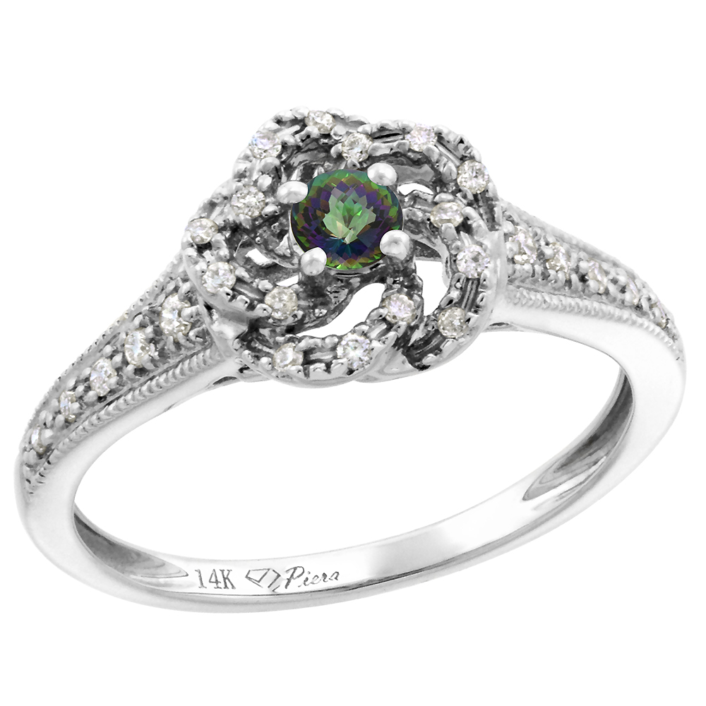 14k White Gold Diamond Genuine Mystic Topaz Swirl Engagement Ring Round Brilliant cut 3mm, size 5-10