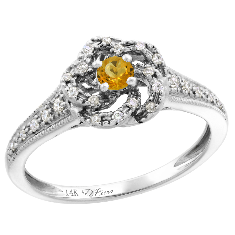 14k White Gold Diamond Genuine Citrine Swirl Engagement Ring Round Brilliant cut 3mm, size 5-10