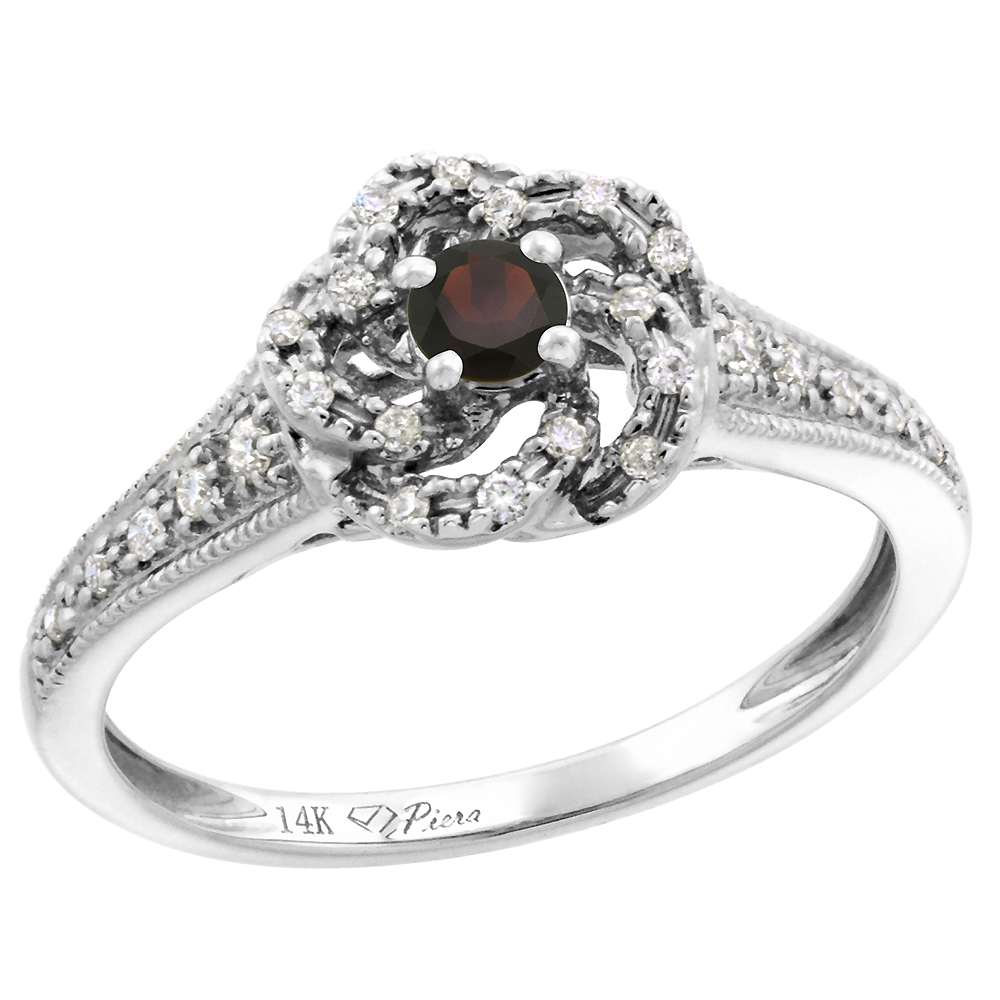 14k White Gold Diamond Genuine Garnet Swirl Engagement Ring Round Brilliant cut 3mm, size 5-10