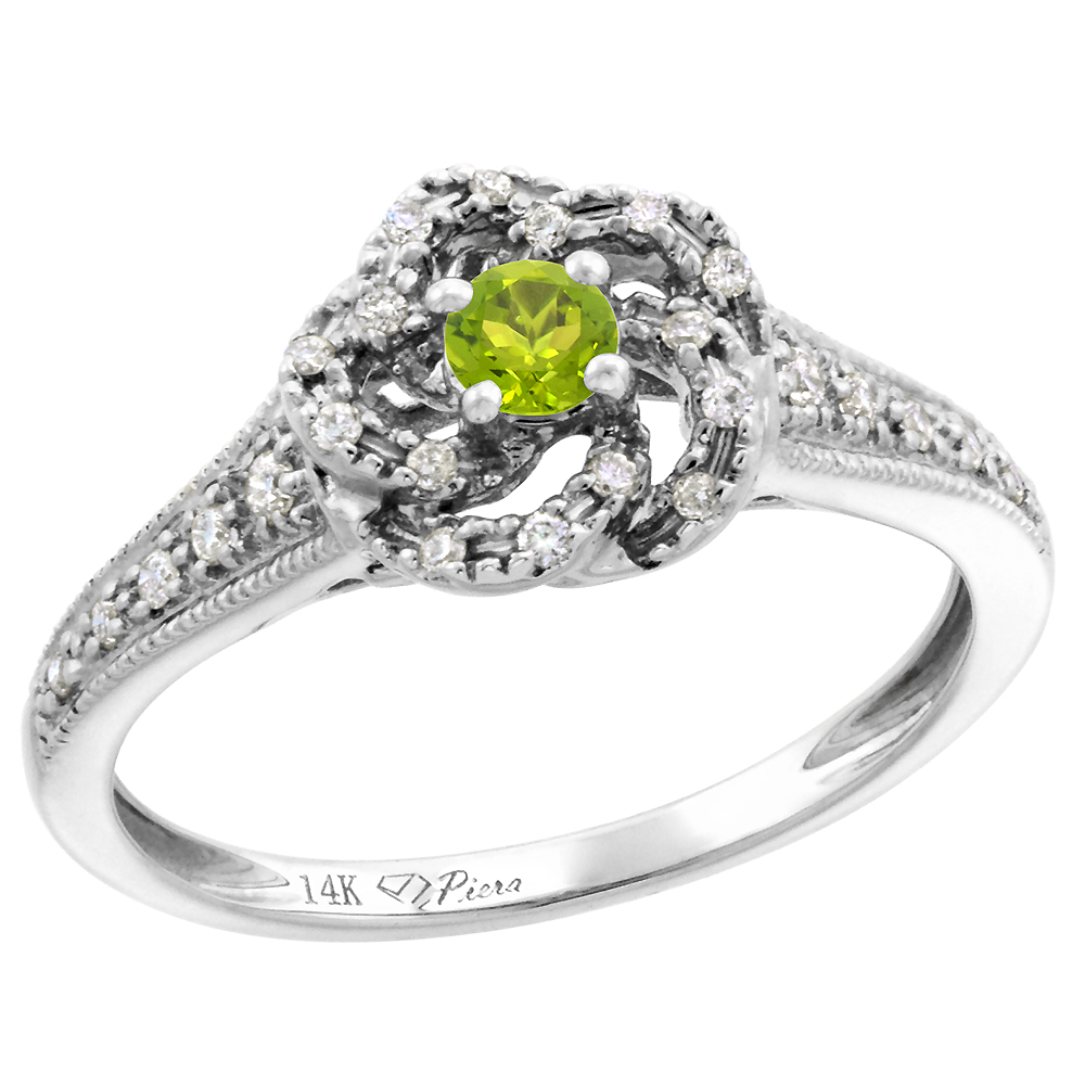 14k White Gold Diamond Genuine Peridot Swirl Engagement Ring Round Brilliant cut 3mm, size 5-10