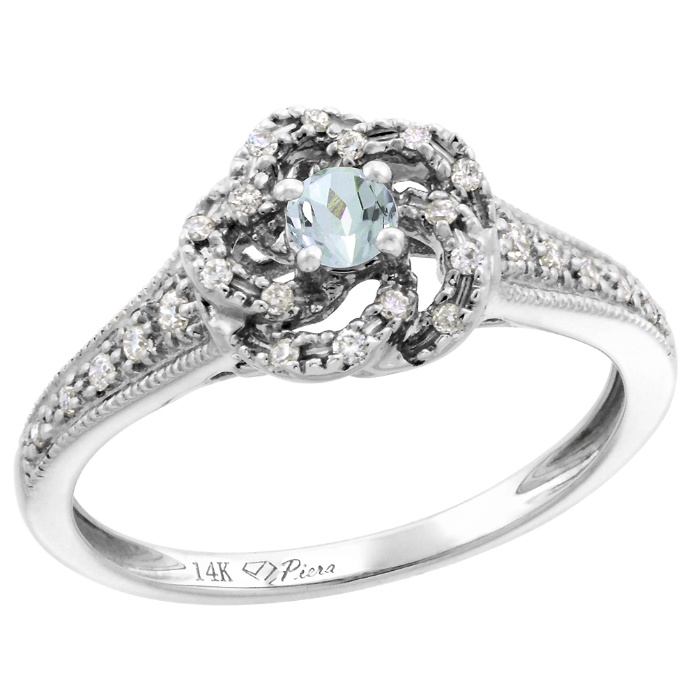 14k White Gold Diamond Genuine Aquamarine Swirl Engagement Ring Round Brilliant cut 3mm, size 5-10