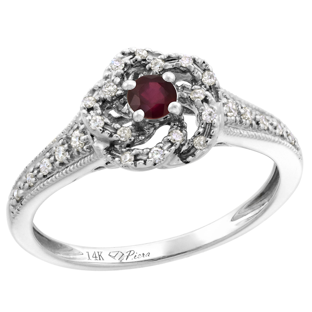 14k White Gold Diamond Enhanced Genuine Ruby Swirl Engagement Ring Round Brilliant cut 3mm, size 5-10