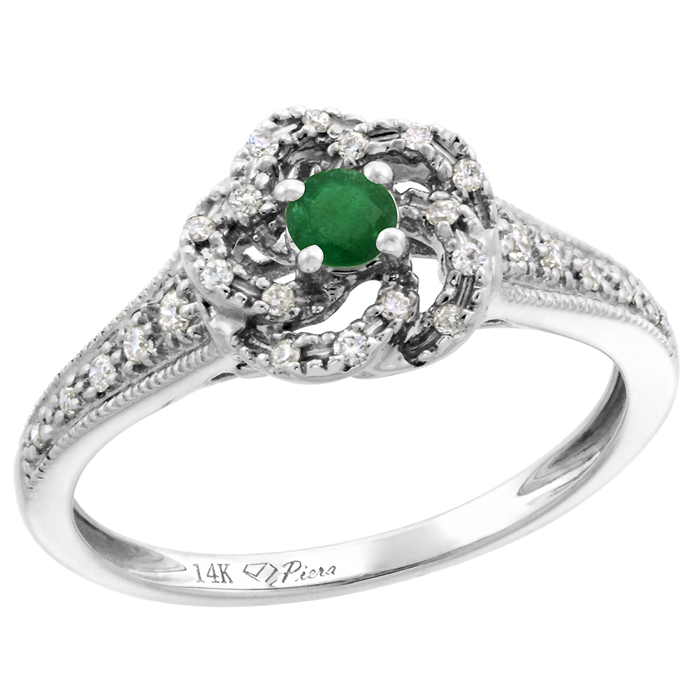 14k White Gold Diamond Genuine Emerald Swirl Engagement Ring Round Brilliant cut 3mm, size 5-10