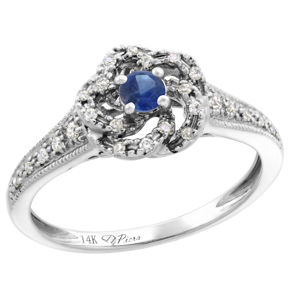14k White Gold Diamond Genuine Blue Sapphire Swirl Engagement Ring Round Brilliant cut 3mm, size 5-10