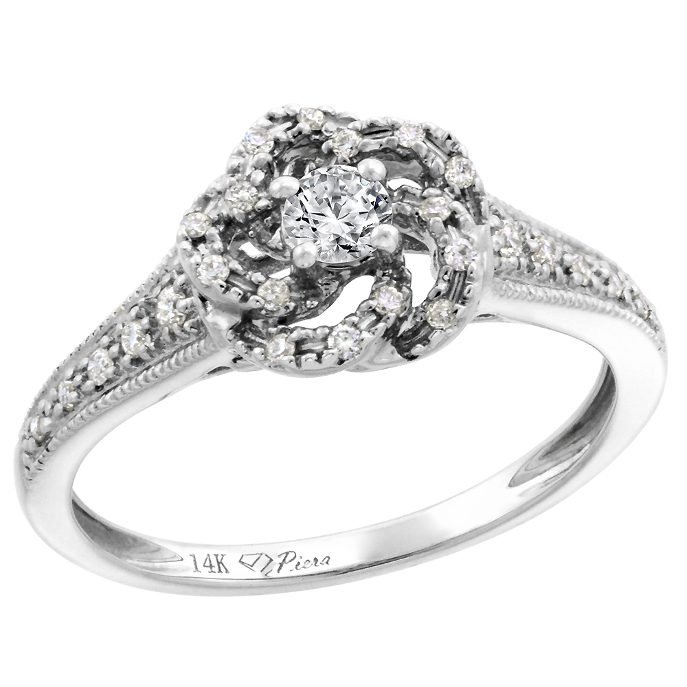 14k White Gold Genuine Diamond Swirl Engagement Ring 0.36 cttw Round Brilliant cut 3mm, size 5-10