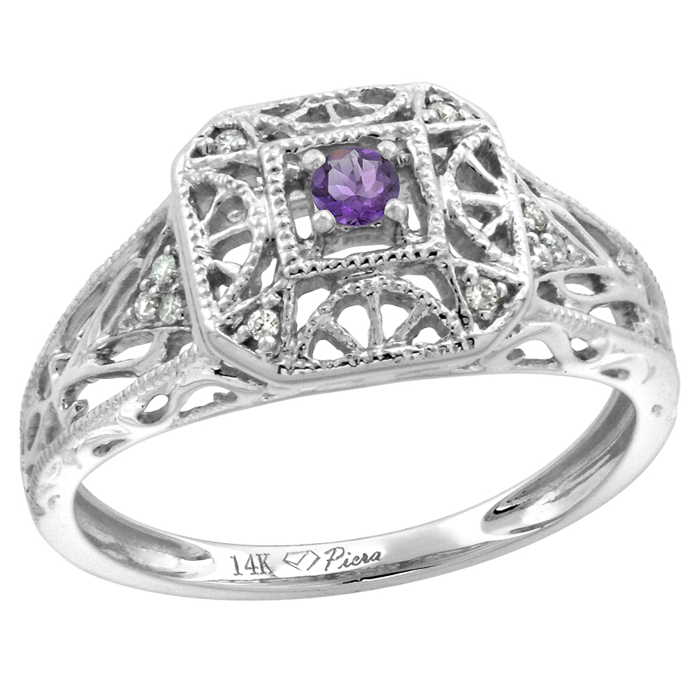 14k White Gold Diamond Genuine Amethyst Engagement Ring Filigree Round Brilliant cut 3mm, size 5-10