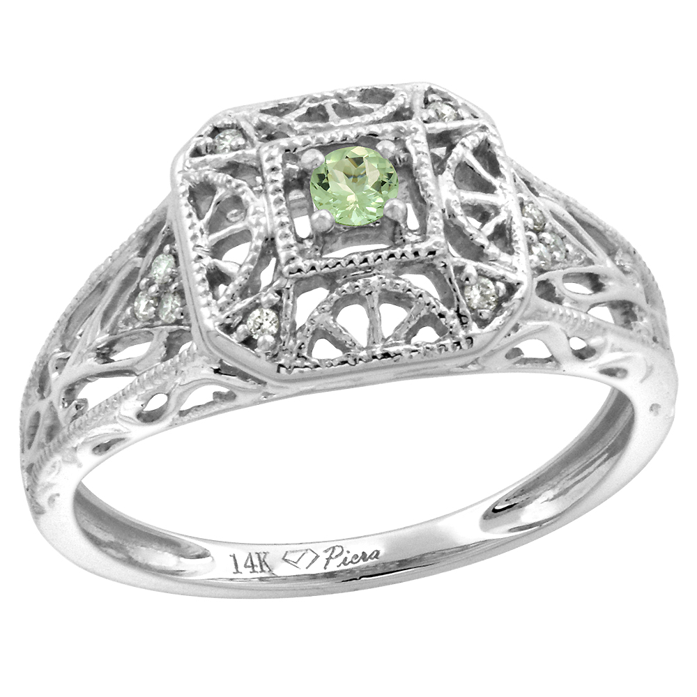 14k White Gold Diamond Genuine Green Amethyst Engagement Ring Filigree Round Brilliant cut 3mm, size 5-10