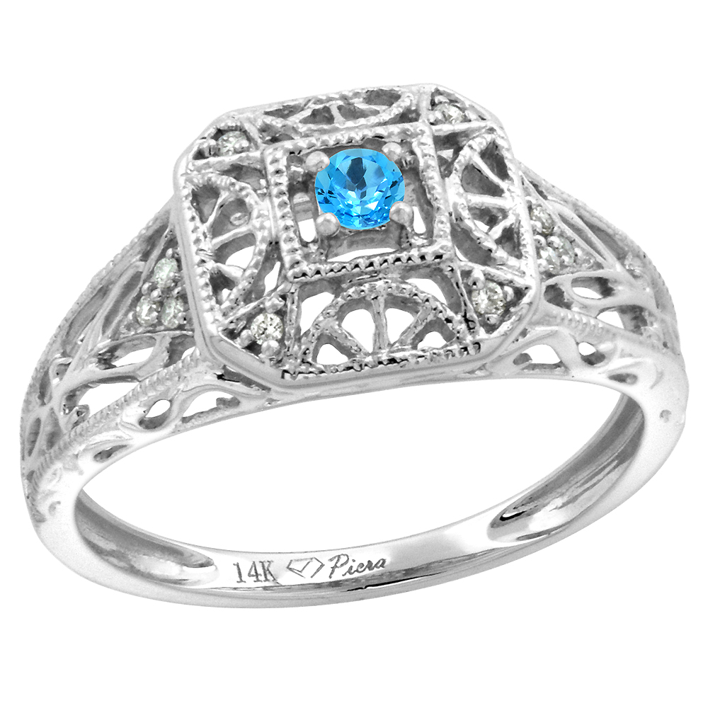 14k White Gold Diamond Swiss Blue Topaz Engagement Ring Filigree Round Brilliant cut 3mm, size 5-10