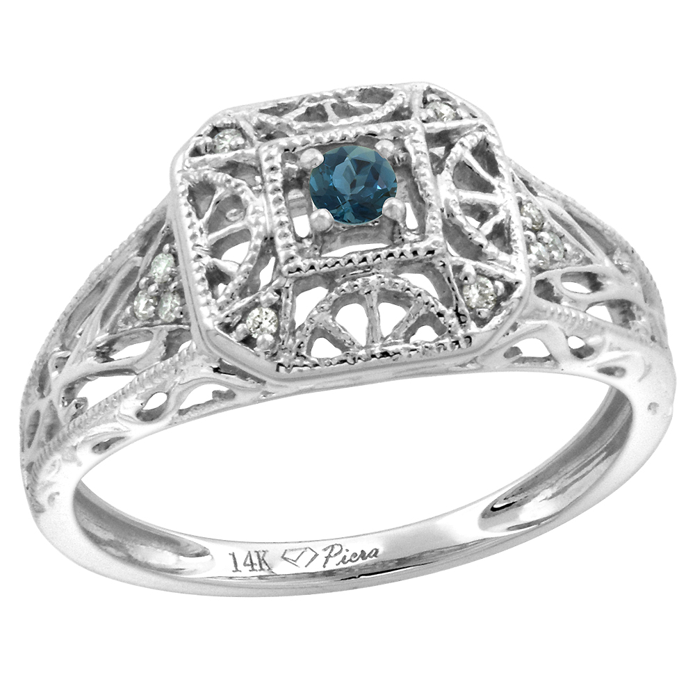 14k White Gold Diamond London Blue Topaz Engagement Ring Filigree Round Brilliant cut 3mm, size 5-10