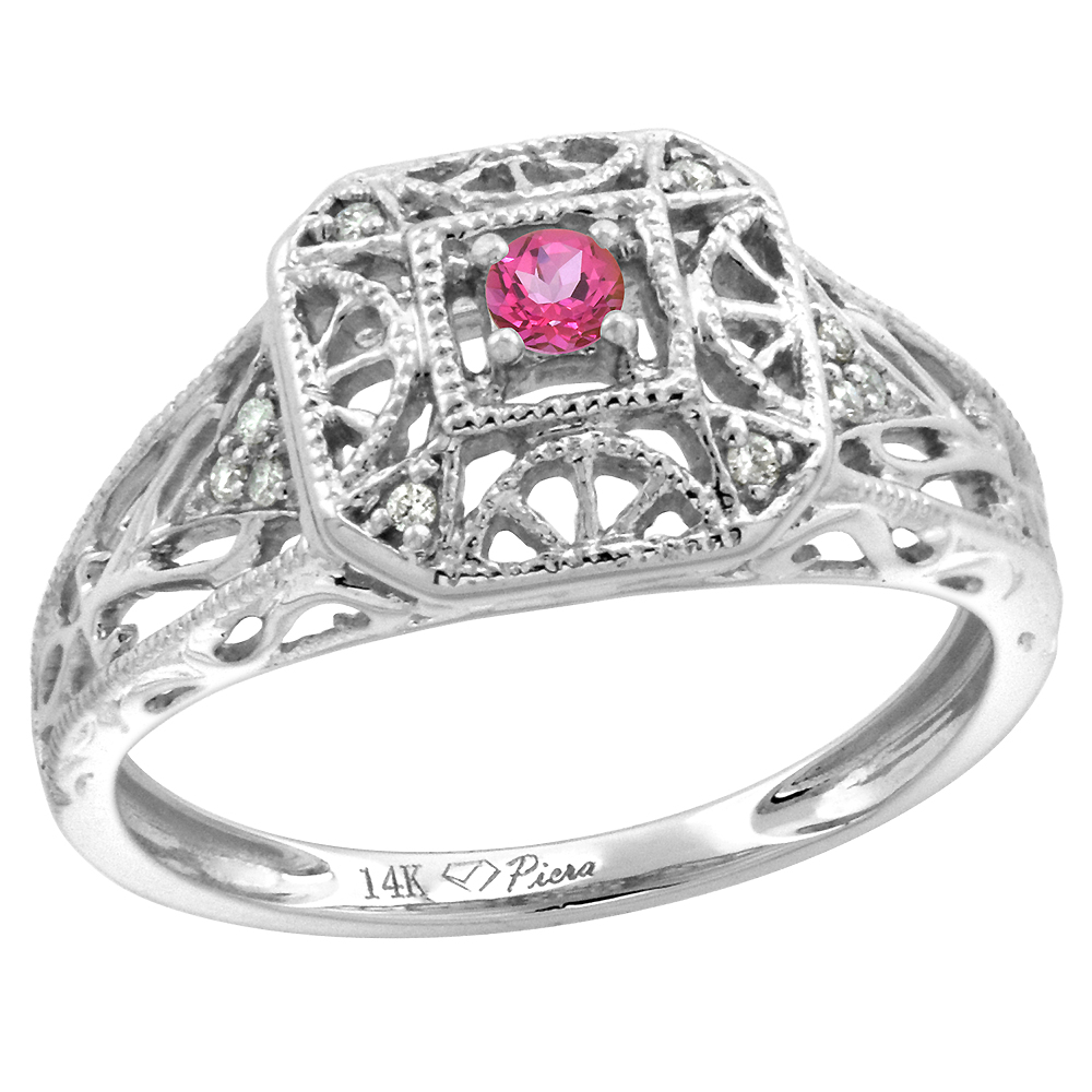 14k White Gold Diamond Genuine Pink Topaz Engagement Ring Filigree Round Brilliant cut 3mm, size 5-10