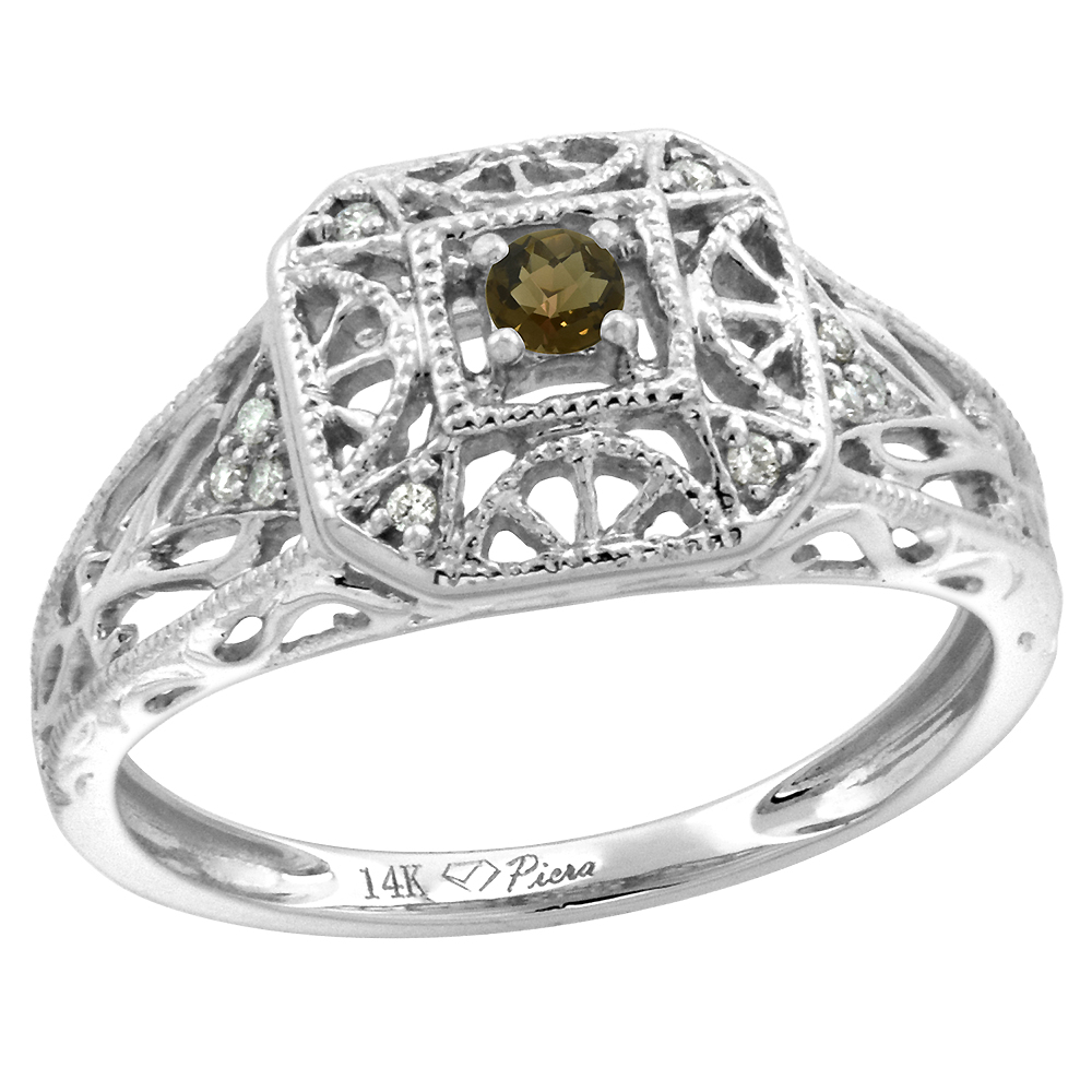 14k White Gold Diamond Genuine Smoky Topaz Engagement Ring Filigree Round Brilliant cut 3mm, size 5-10