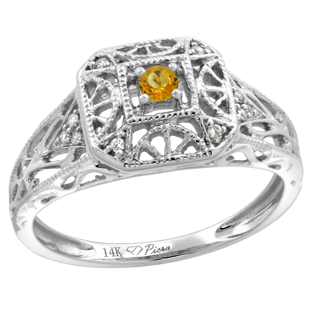 14k White Gold Diamond Genuine Citrine Engagement Ring Filigree Round Brilliant cut 3mm, size 5-10