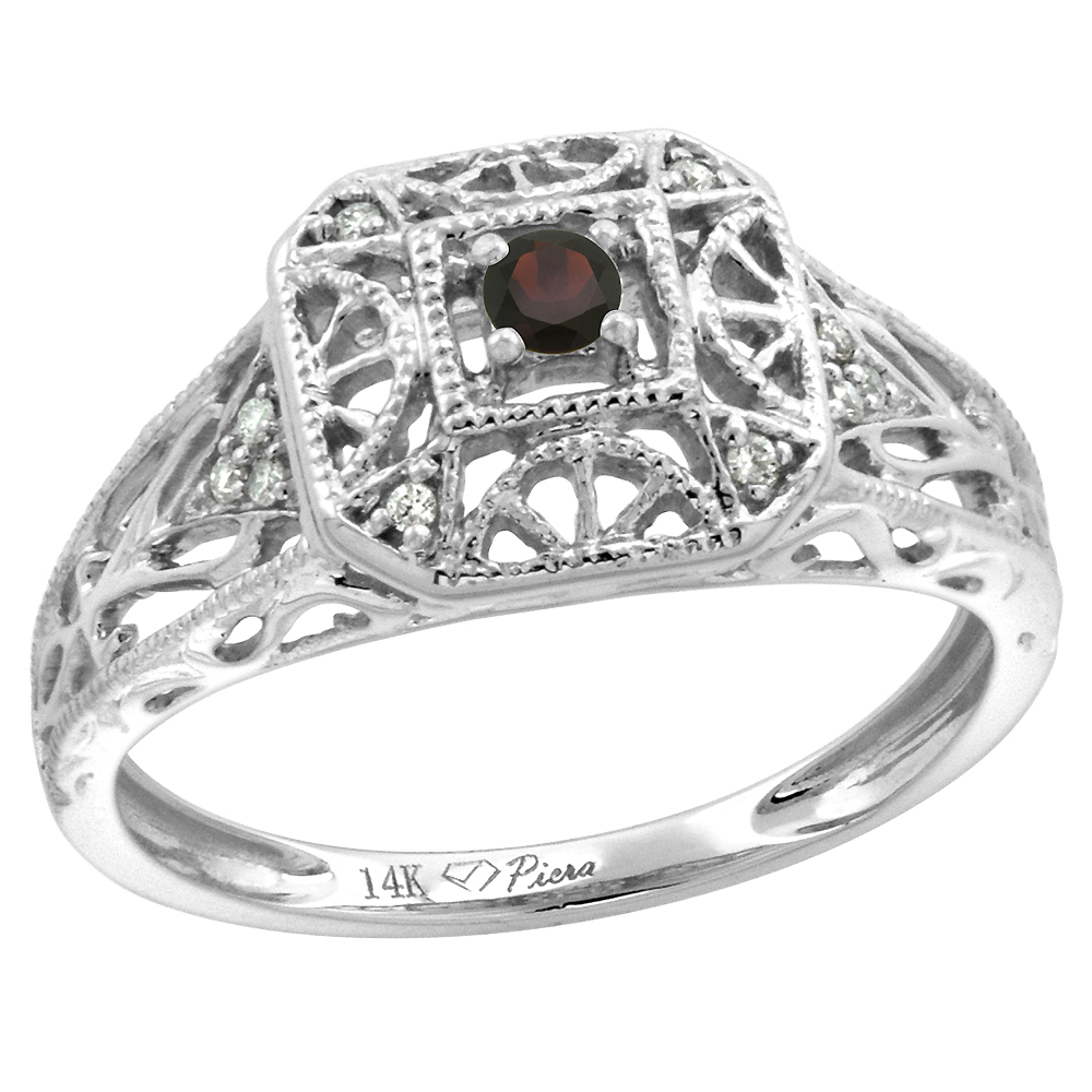 14k White Gold Diamond Genuine Garnet Engagement Ring Filigree Round Brilliant cut 3mm, size 5-10