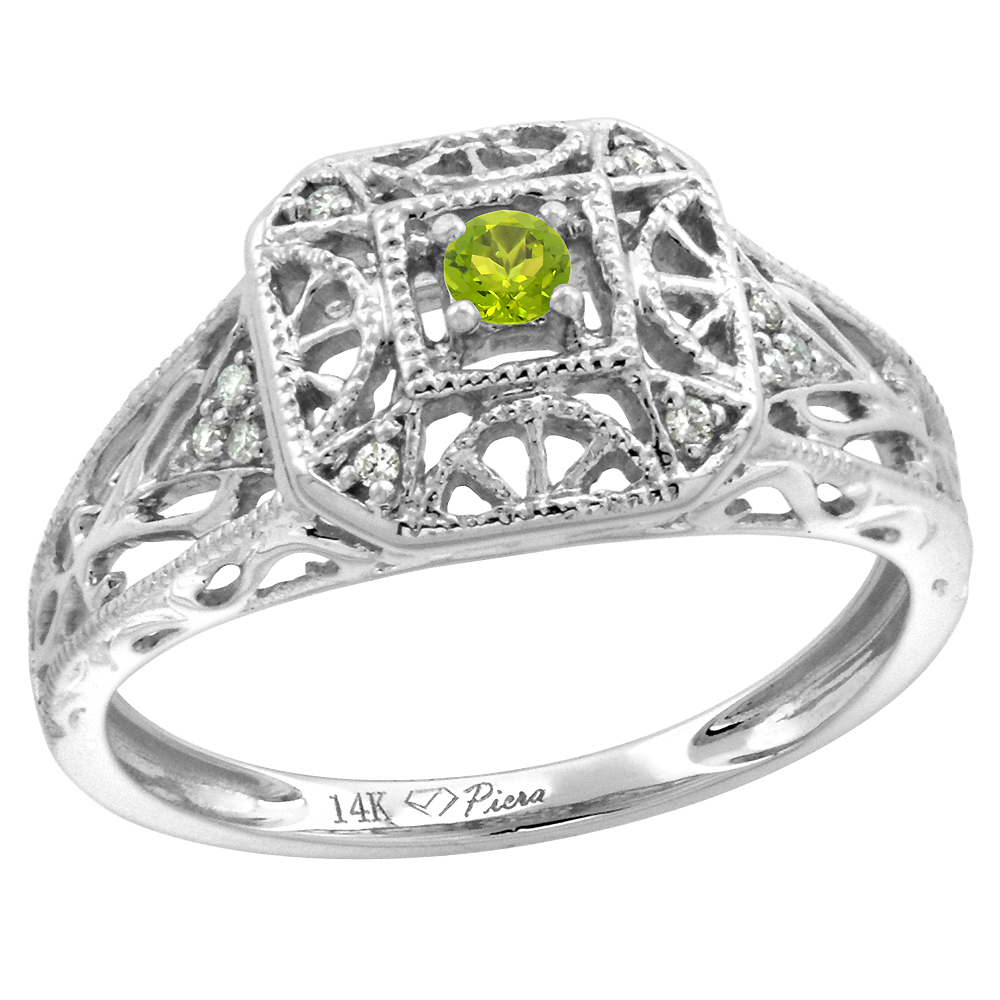 14k White Gold Diamond Genuine Peridot Engagement Ring Filigree Round Brilliant cut 3mm, size 5-10