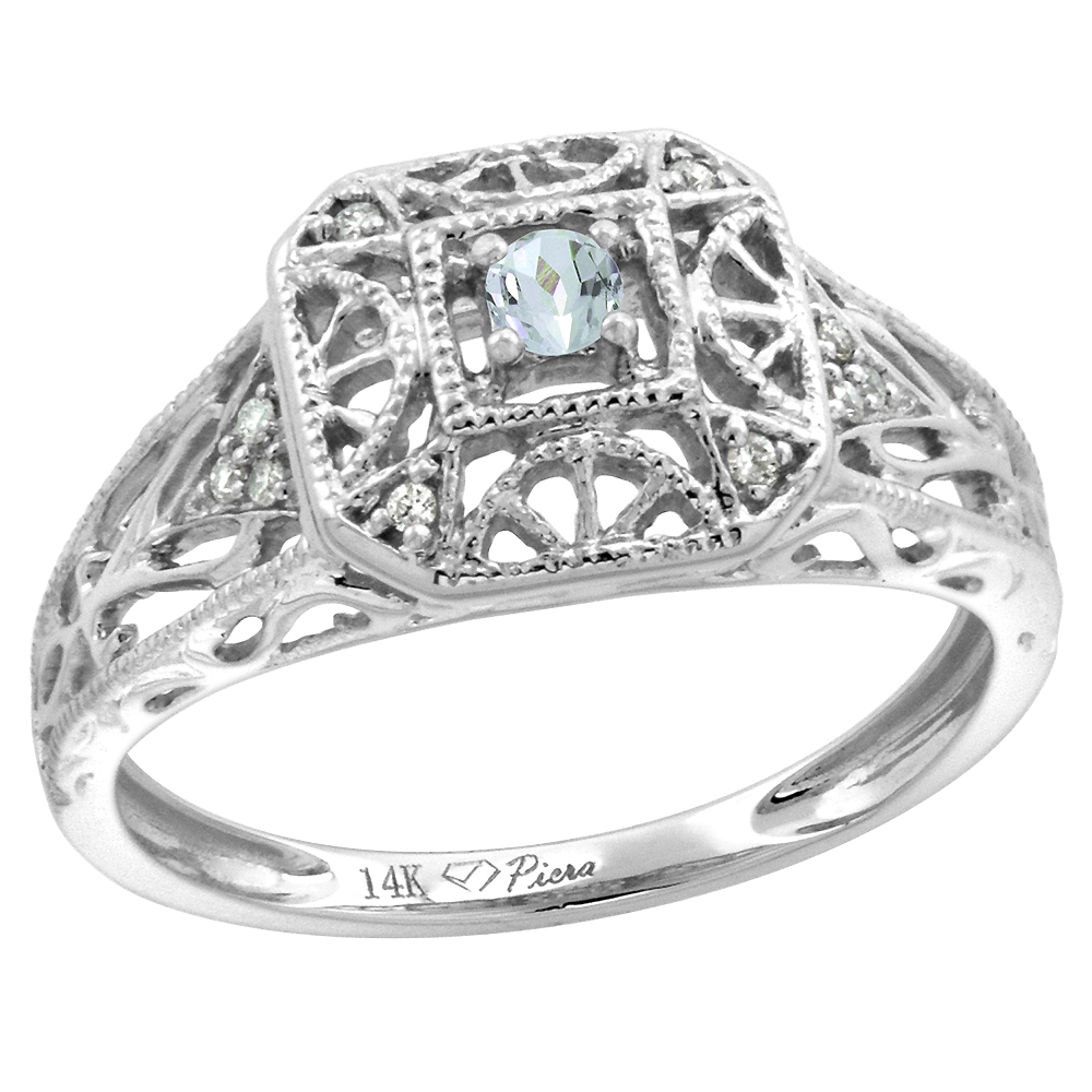 14k White Gold Diamond Genuine Aquamarine Engagement Ring Filigree Round Brilliant cut 3mm, size 5-10
