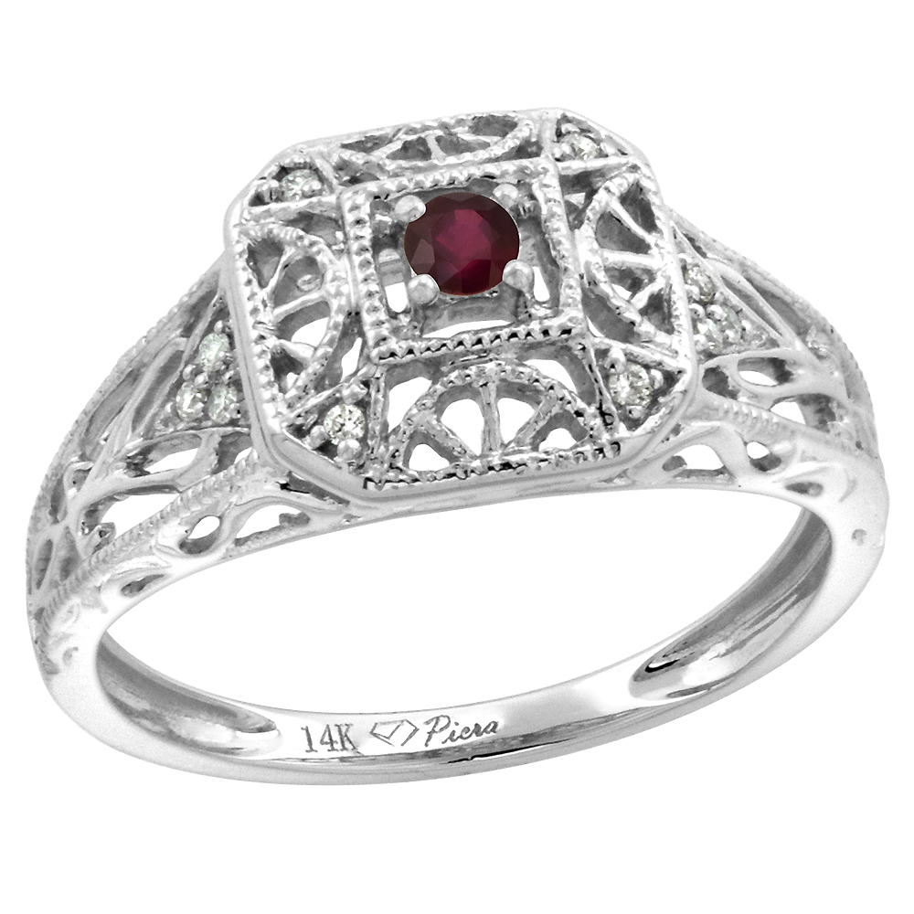 14k White Gold Diamond Enhanced Genuine Ruby Engagement Ring Filigree Round Brilliant cut 3mm, size 5-10