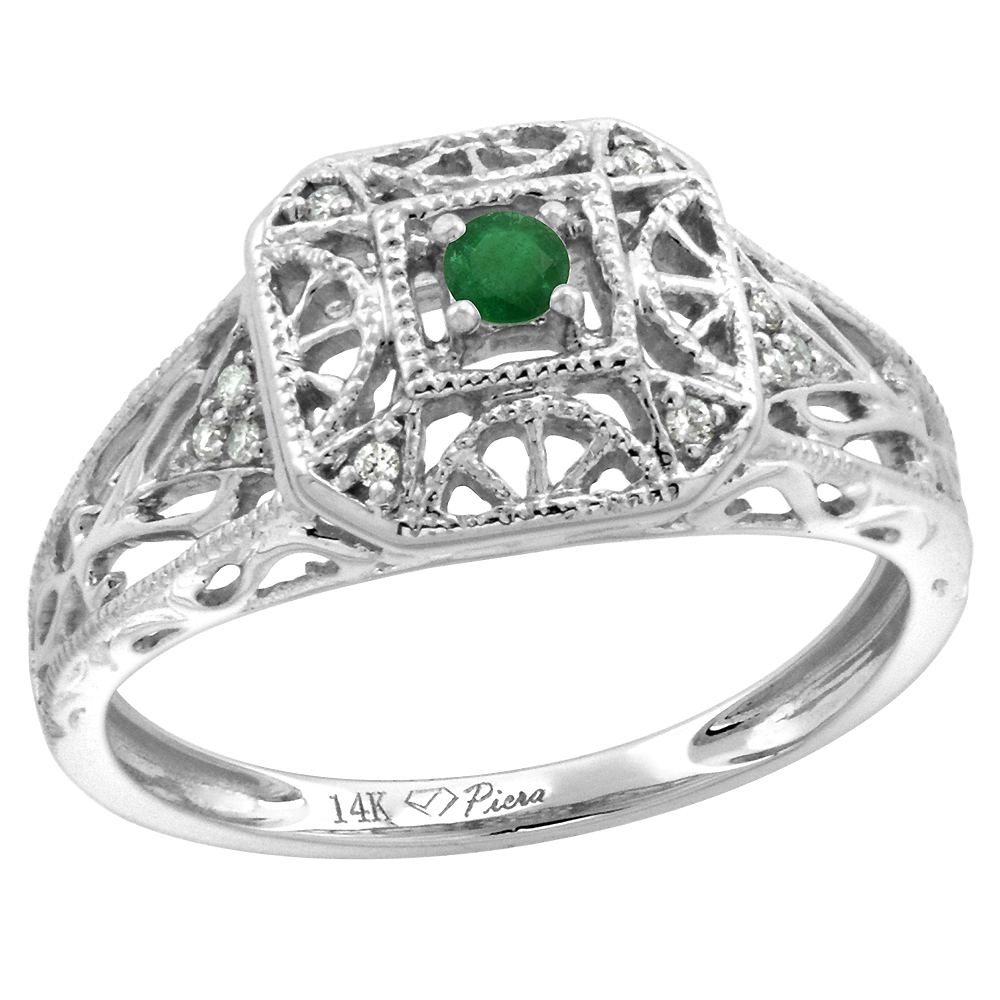 14k White Gold Diamond Genuine Emerald Engagement Ring Filigree Round Brilliant cut 3mm, size 5-10