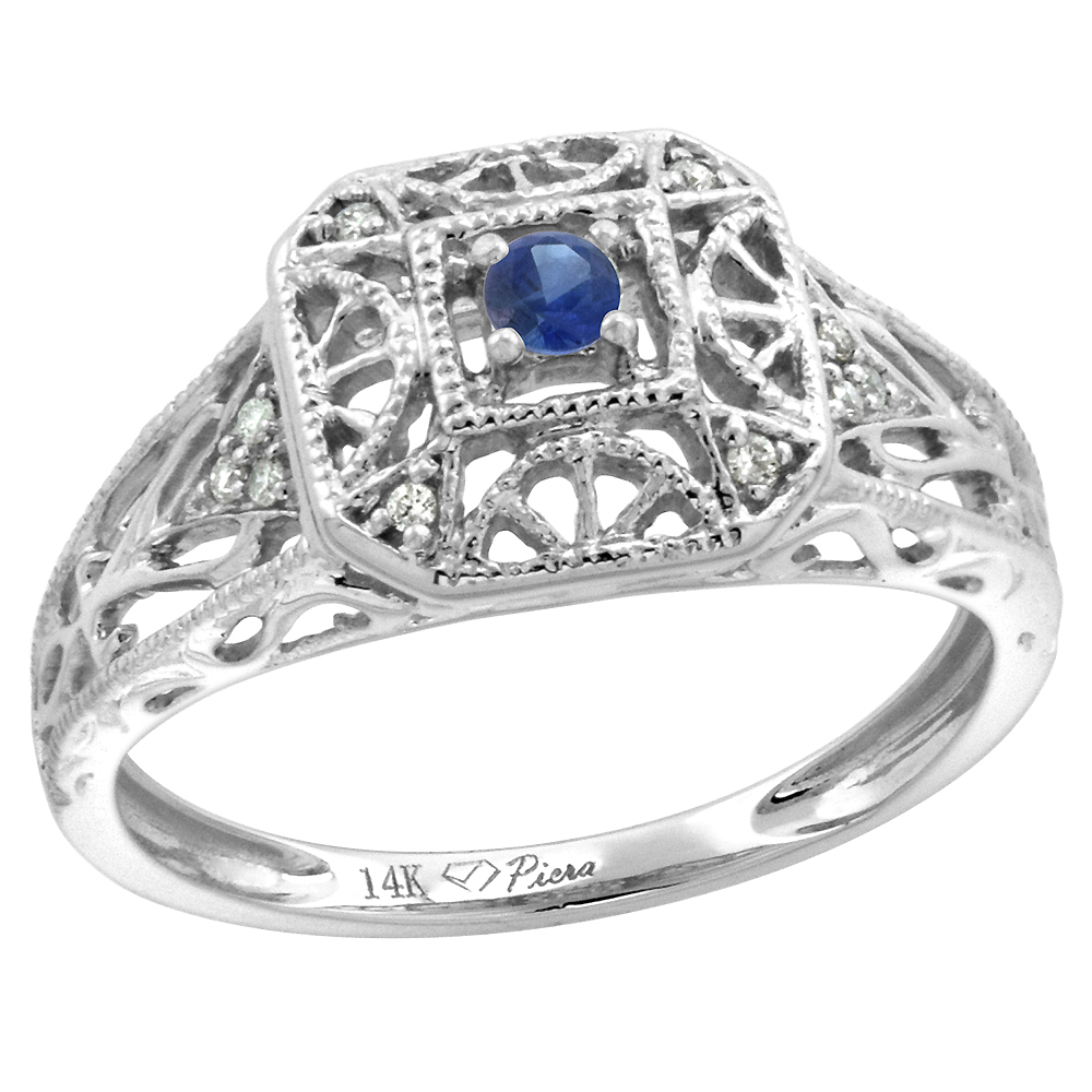 14k White Gold Diamond Genuine Blue Sapphire Engagement Ring Filigree Round Brilliant cut 3mm, size 5-10