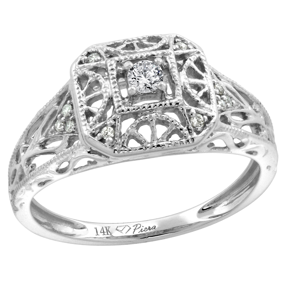 14k White Gold Genuine Diamond Engagement Ring Filigree 0.11 cttw Round Brilliant cut 2.5mm, size 5-10