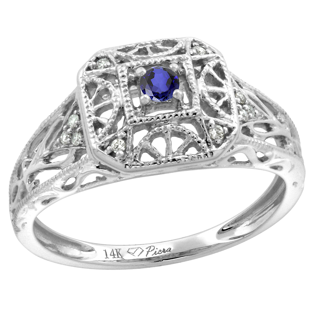 14k White Gold Diamond Genuine Tanzanite Engagement Ring Filigree Round Brilliant cut 3mm, size 5-10
