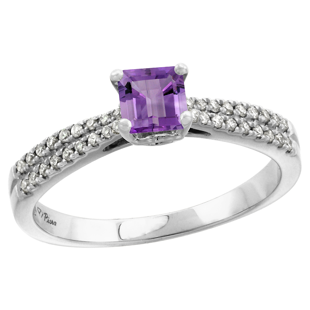 14k White Gold Diamond Genuine Amethyst Engagement Ring Princess cut 5x5mm, size 5-10