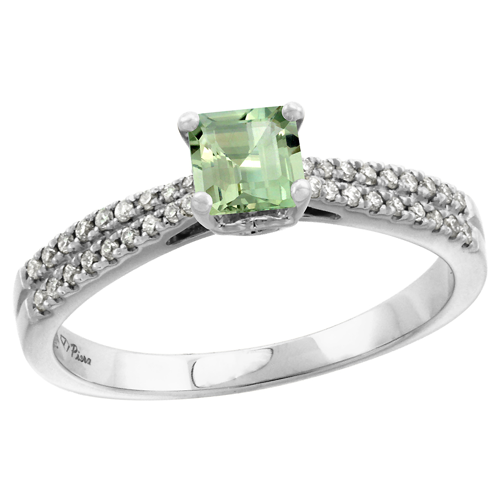 14k White Gold Diamond Genuine Green Amethyst Engagement Ring Princess cut 5x5mm, size 5-10