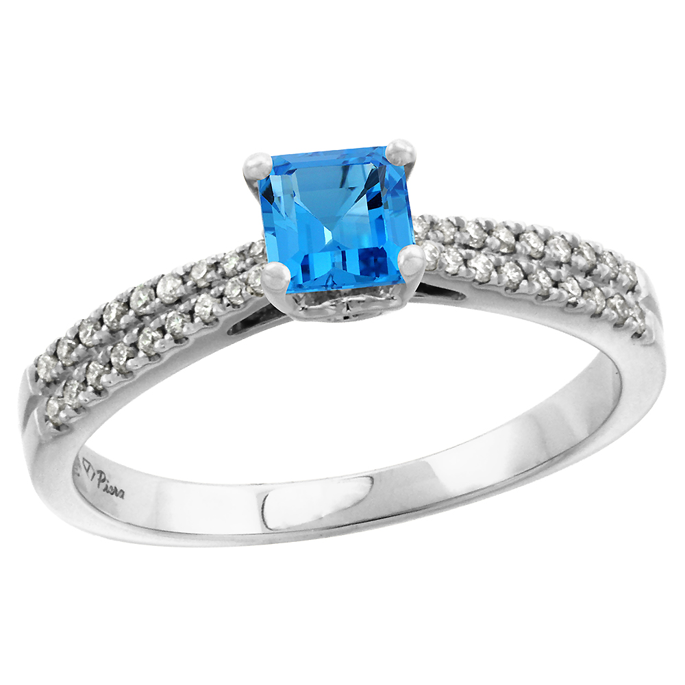14k White Gold Diamond Genuine Swiss Blue Topaz Engagement Ring Princess cut 5x5mm, size 5-10