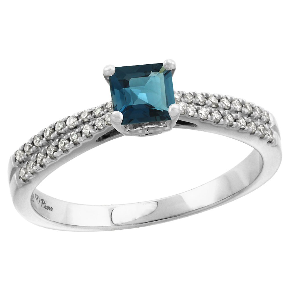 14k White Gold Diamond Genuine London Blue Topaz Engagement Ring Princess cut 5x5mm, size 5-10