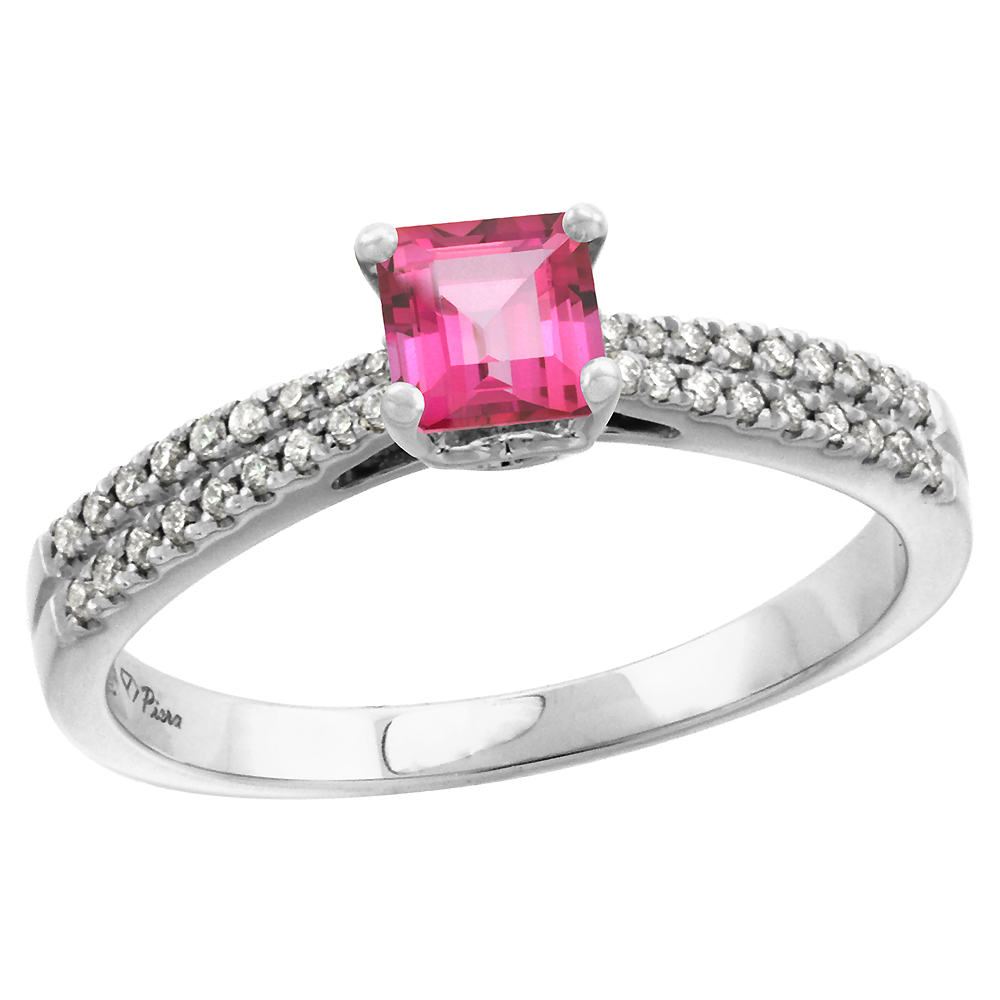 14k White Gold Diamond Genuine Pink Topaz Engagement Ring Princess cut 5x5mm, size 5-10