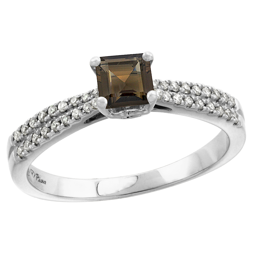 14k White Gold Diamond Genuine Smoky Topaz Engagement Ring Princess cut 5x5mm, size 5-10