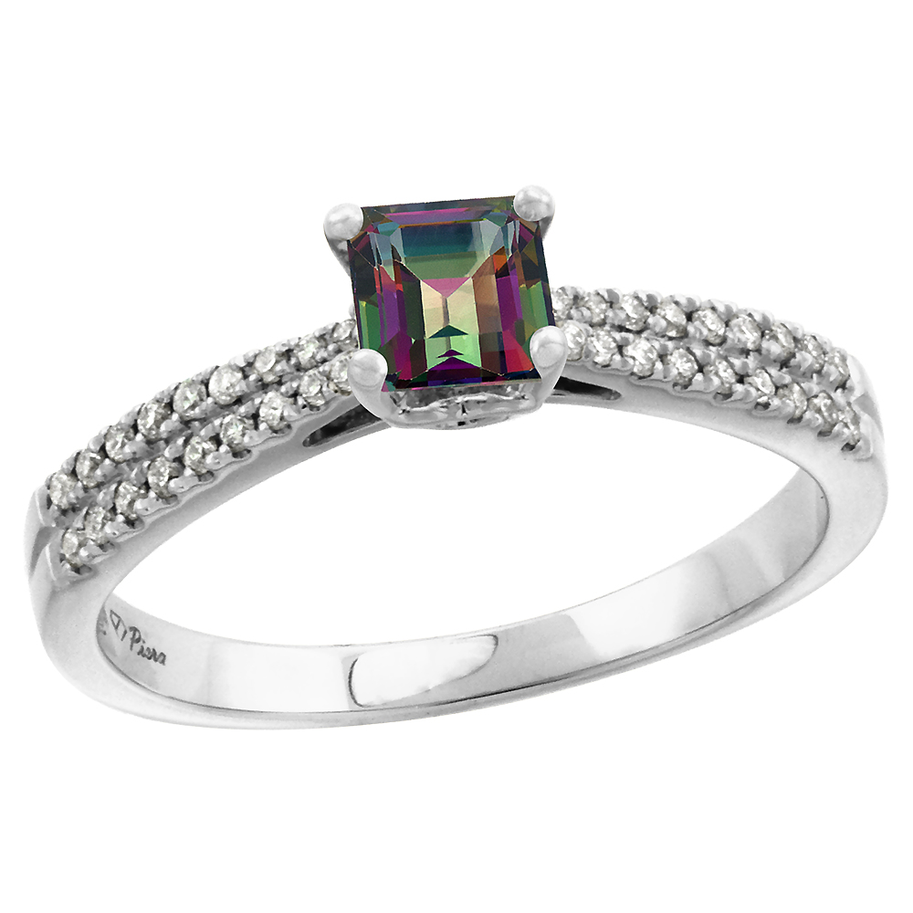 14k White Gold Diamond Genuine Mystic Topaz Engagement Ring Princess cut 5x5mm, size 5-10
