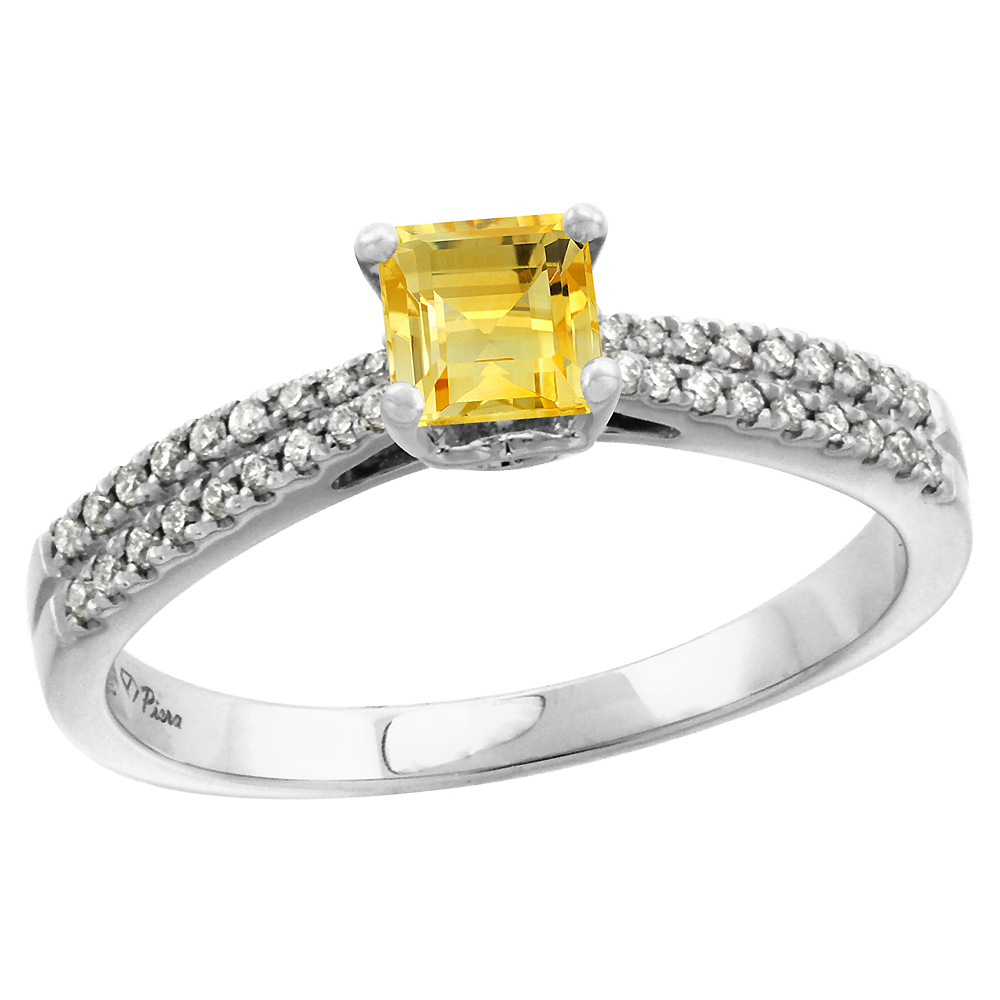 14k White Gold Diamond Genuine Citrine Engagement Ring Princess cut 5x5mm, size 5-10