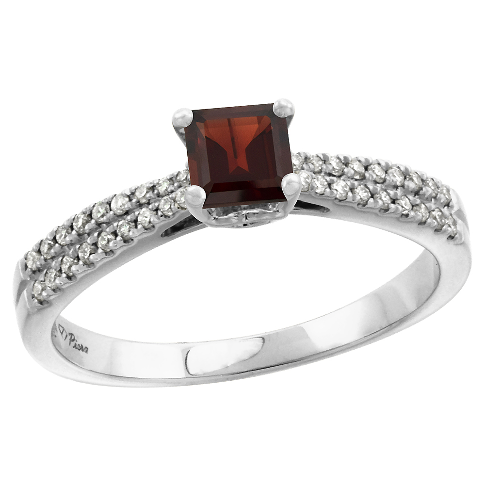 14k White Gold Diamond Genuine Garnet Engagement Ring Princess cut 5x5mm, size 5-10