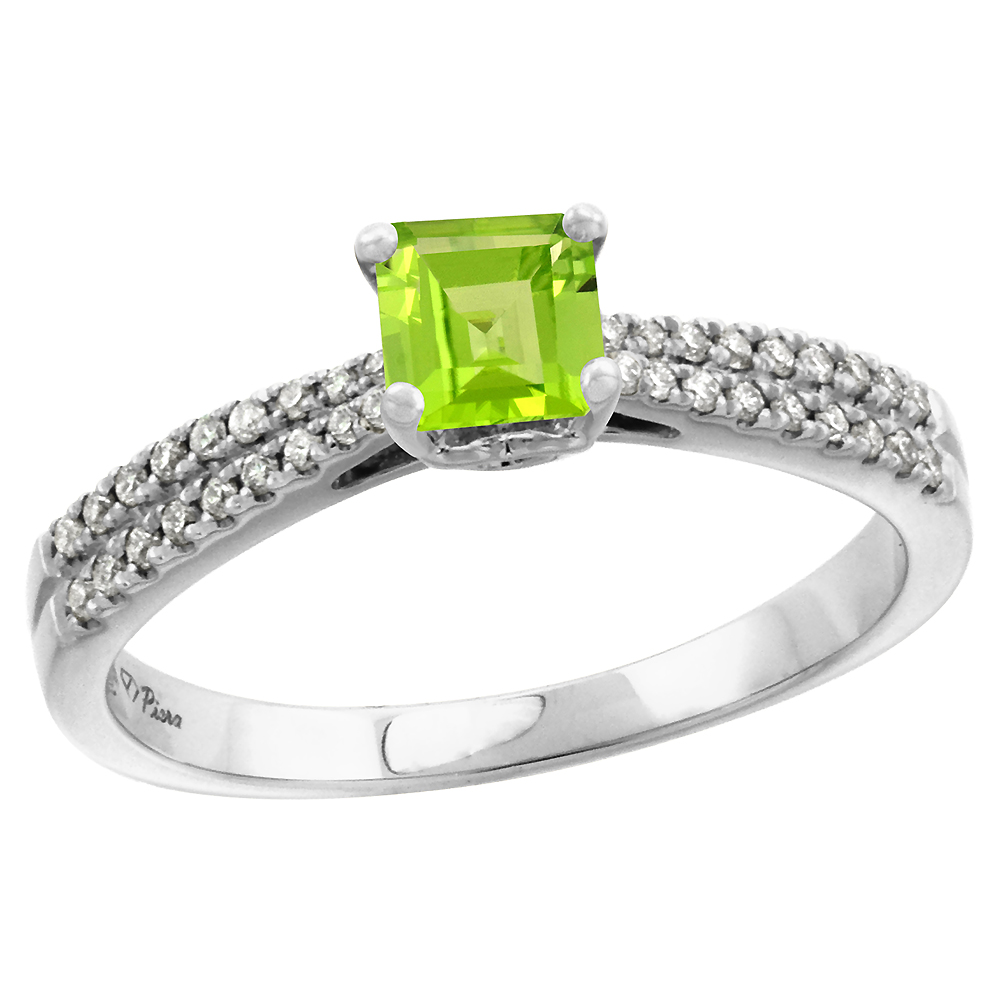 14k White Gold Diamond Genuine Peridot Engagement Ring Princess cut 5x5mm, size 5-10