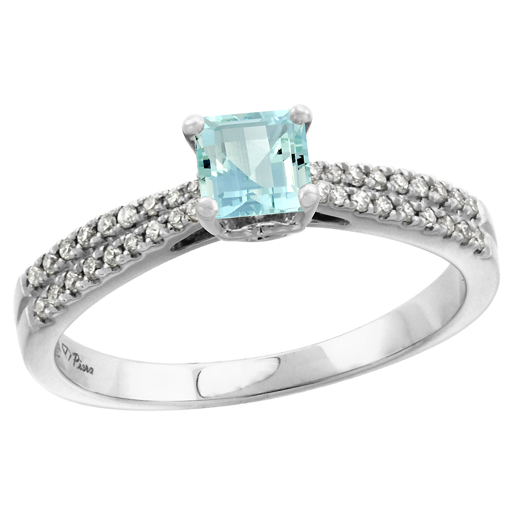14k White Gold Diamond Genuine Aquamarine Engagement Ring Princess cut 5x5mm, size 5-10