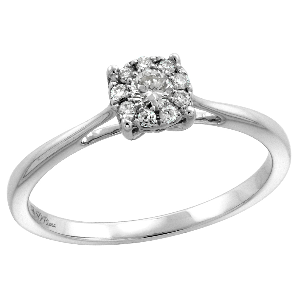 14k White Gold Genuine Diamond Halo Engagement Ring for Women Dainty 0.18 cttw Round 3/16 inch, size 5-10