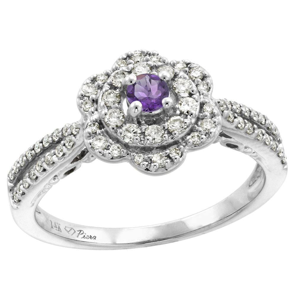 14K White Gold Genuine Diamond & Amethyst Flower Halo Engagement Ring Round Brilliant cut 3mm, size 5-10