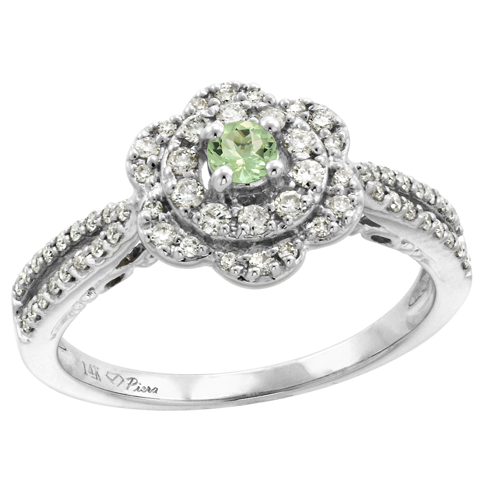 14K White Gold Diamond & Green Amethyst Flower Halo Engagement Ring Round Brilliant cut 3mm, size 5-10