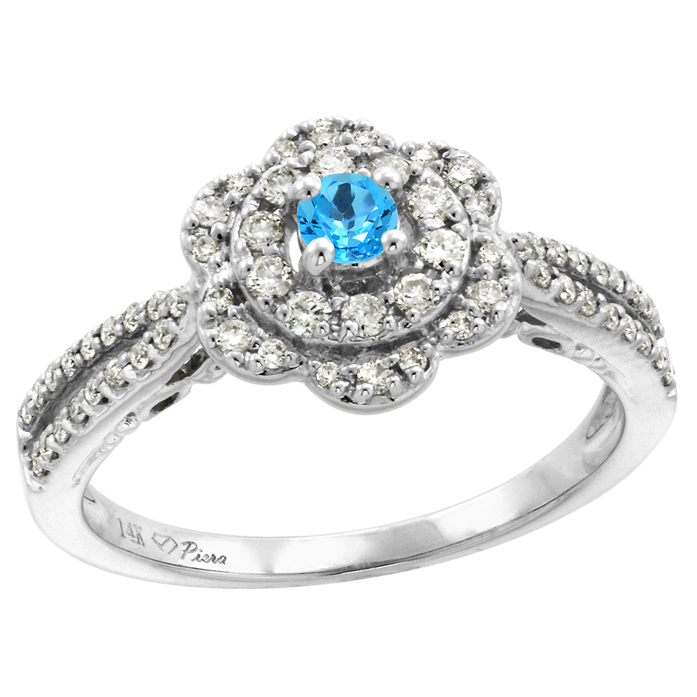 14K White Gold Diamond & Swiss Blue Topaz Flower Halo Engagement Ring Round Brilliant cut 3mm, size 5-10