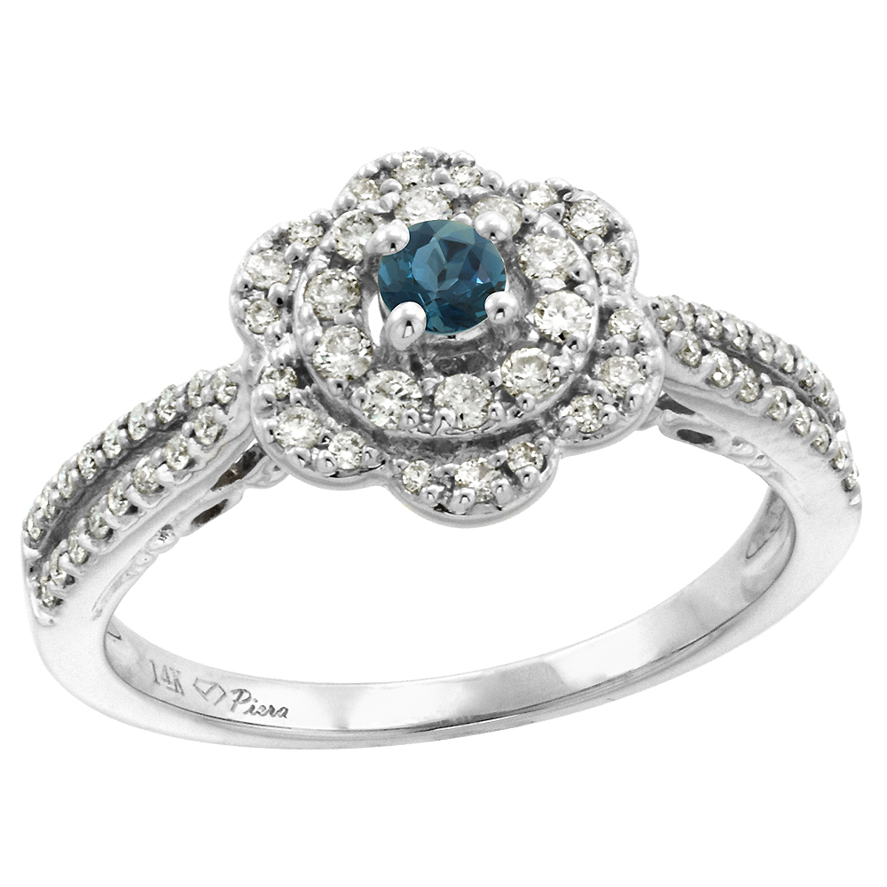 14K White Gold Diamond & London Blue Topaz Flower Halo Engagement Ring Round Brilliant cut 3mm, size 5-10