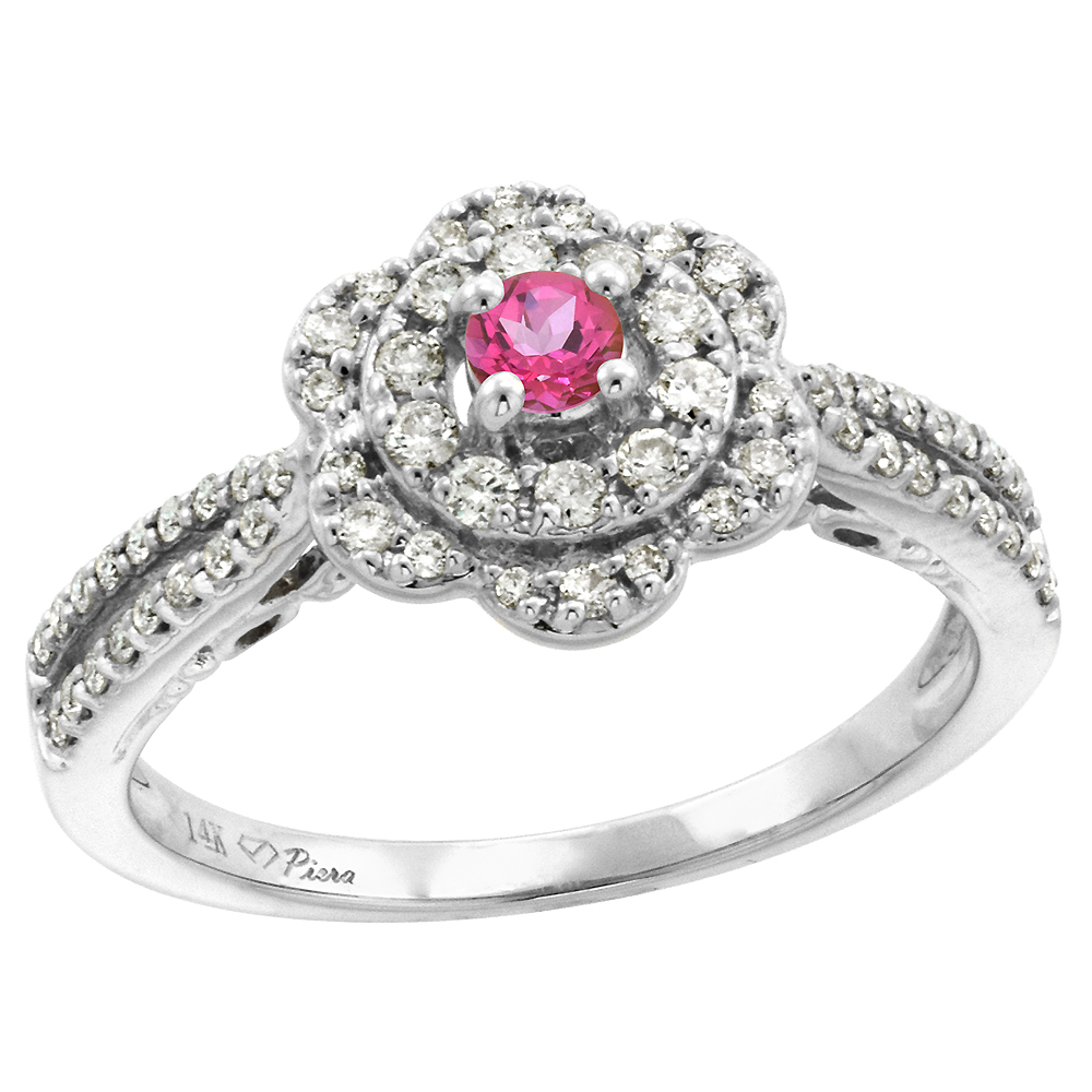 14K White Gold Genuine Diamond & Pink Topaz Flower Halo Engagement Ring Round Brilliant cut 3mm, size5-10