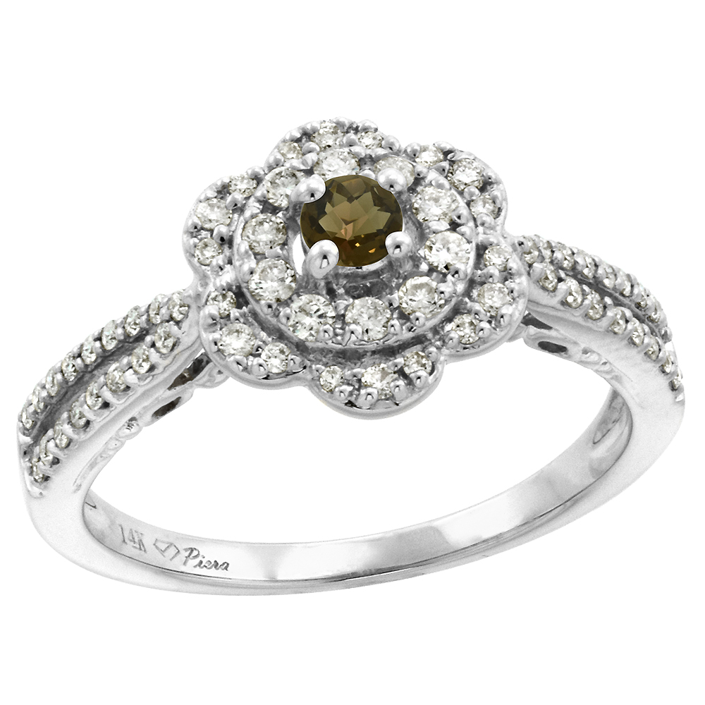 14K White Gold Genuine Diamond & Smoky Topaz Flower Halo Engagement Ring Round Brilliant cut 3mm,size5-10