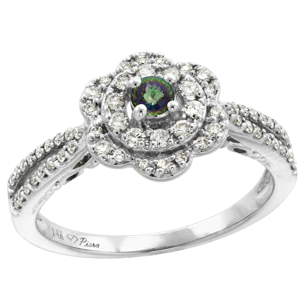 14K White Gold Genuine Diamond & Mystic Topaz Flower Halo Engagement Ring Round Brilliant cut3mm,size5-10