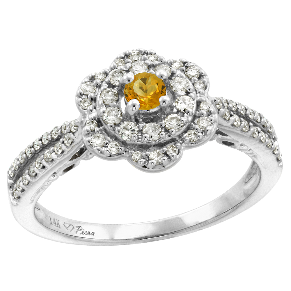 14K White Gold Genuine Diamond & Citrine Flower Halo Engagement Ring Round Brilliant cut 3mm, size 5-10