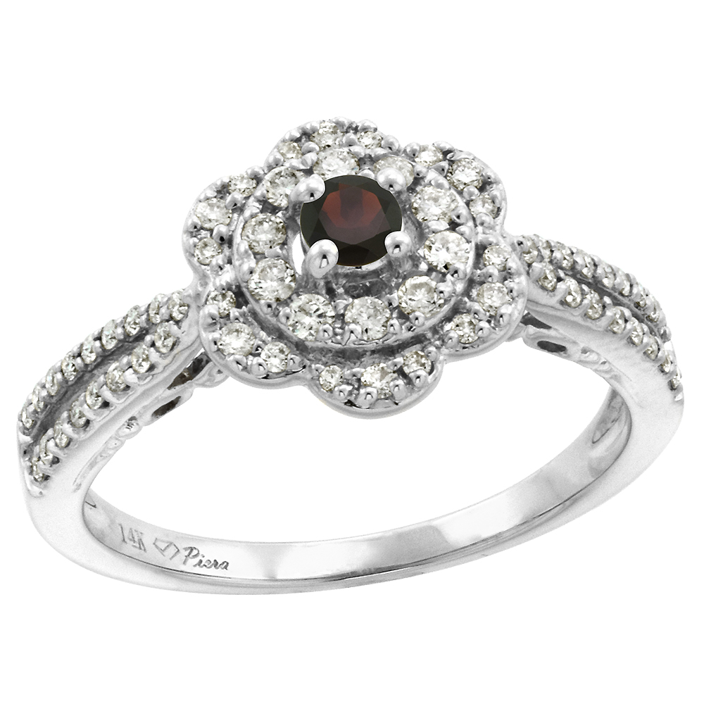 14K White Gold Genuine Diamond & Garnet Flower Halo Engagement Ring Round Brilliant cut 3mm, size 5-10