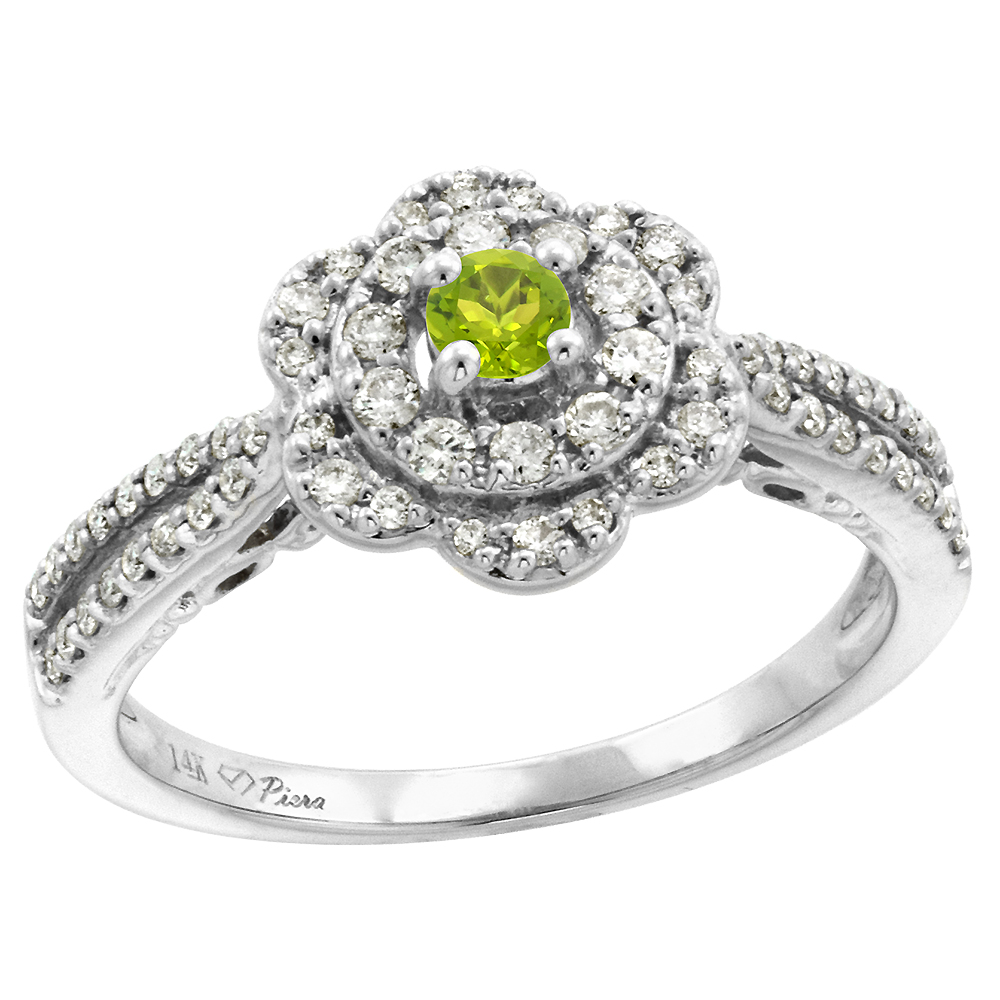 14K White Gold Genuine Diamond & Peridot Flower Halo Engagement Ring Round Brilliant cut 3mm, size 5-10