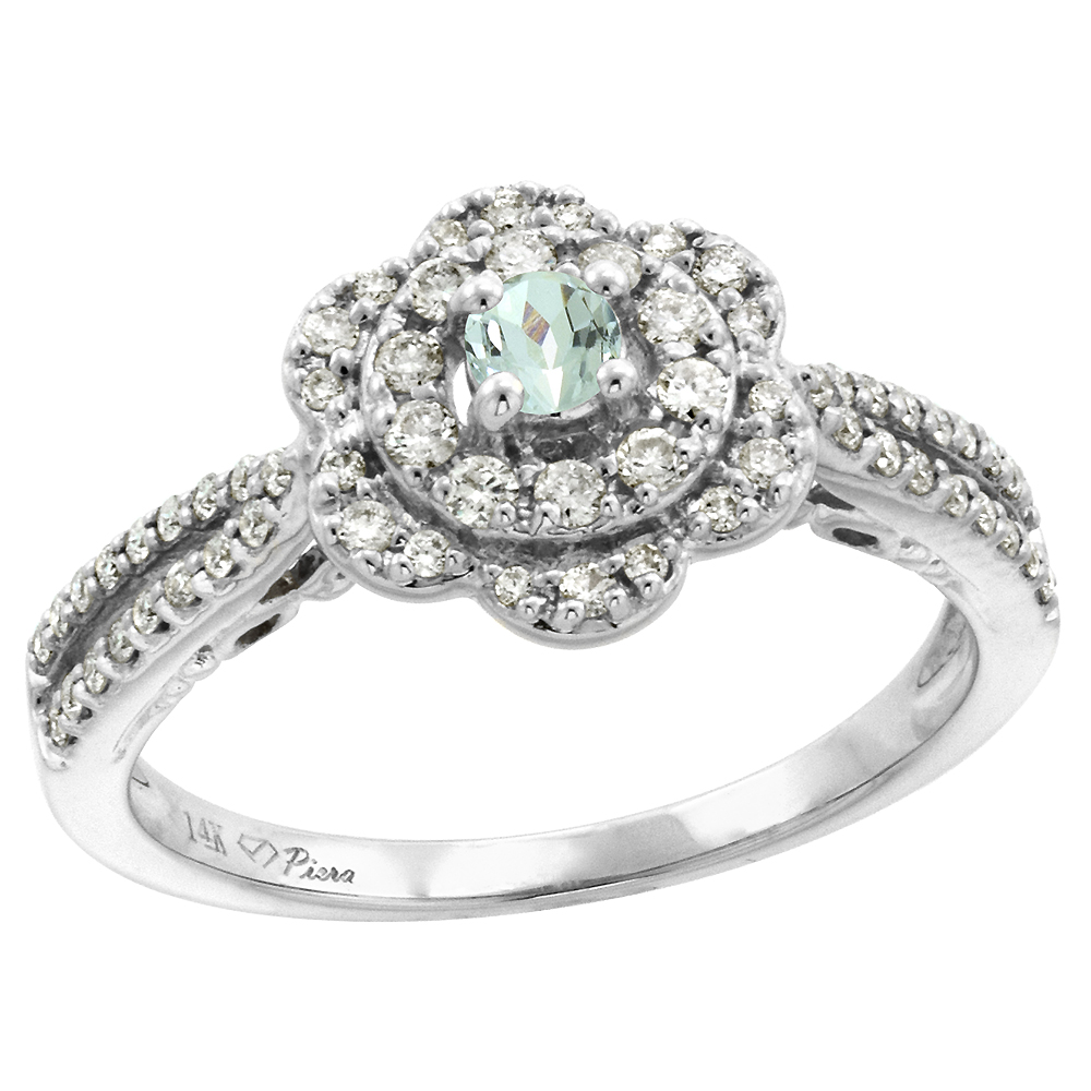 14K White Gold Genuine Diamond & Aquamarine Flower Halo Engagement Ring Round Brilliant cut 3mm, size5-10