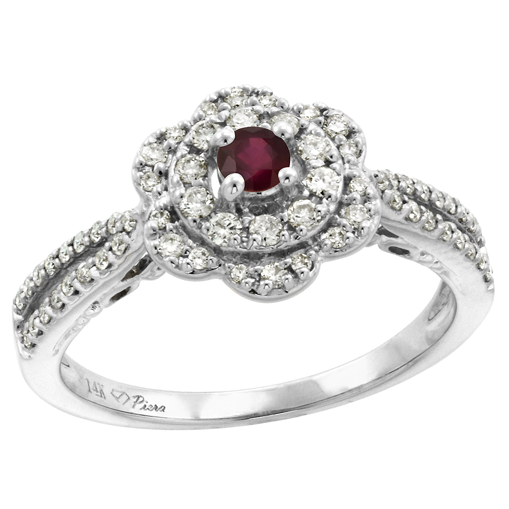 14K White Gold Diamond & Enhanced Real Ruby Flower Halo Engagement Ring Round Brilliant cut 3mm, size5-10