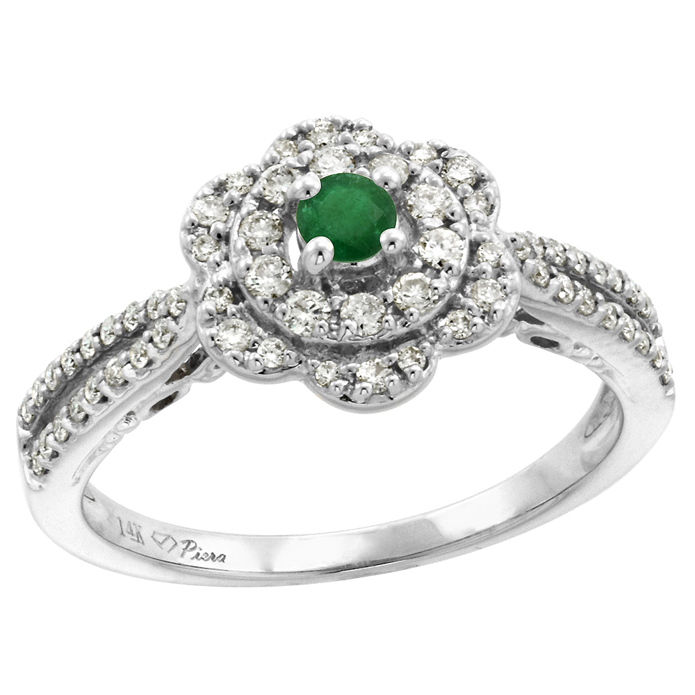 14K White Gold Genuine Diamond & Emerald Flower Halo Engagement Ring Round Brilliant cut 3mm, size 5-10